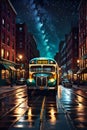 An olf bus crossing a new york city street, in the old time, with cafes, buildings, wet road, starry sky, night scene, shop Royalty Free Stock Photo