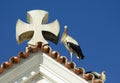 Closeup of a roof with storks nest at church Matriz de Nossa Senhora do Rosario Royalty Free Stock Photo