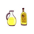 Olive bottle and jug. Vector isolated illustration. Hand drawn icon.