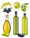 Olive bottles. Oil glass package healthy natural products for cooking food green and black greek olives vector realistic