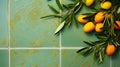 Olive branch on background of green ceramic tiles. Empty copy of space and template Royalty Free Stock Photo