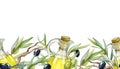 Olive branch, fruit, leaves, oil seamless border. Black and green raw organic olive plant endless element. Mediterranean