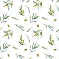 Olive branch, green leaves, simple watercolor seamless pattern for print, paper