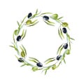 Olive branch round wreath watercolor illustration. Elegant round frame with green leaves and olives decor. Hand drawn Royalty Free Stock Photo