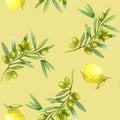 Olive branches, berries and lemon. Seamless pattern, hand drawn watercolor. Design of fabrics, kitchen towels and Royalty Free Stock Photo