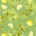 Olive branches, berries and lemon. Seamless pattern, hand drawn watercolor. Design of fabrics, kitchen towels and Royalty Free Stock Photo