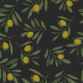 Olive branches and leaves seamless pattern. Olive tree dark botanical background. Royalty Free Stock Photo