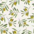 Olive branches and leaves seamless pattern. Olive tree vintage botanical background. Royalty Free Stock Photo