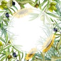 Olive branches, rosemary and sunflower, black olives and green olives. Frame, border, hand drawn watercolor. Design for Royalty Free Stock Photo