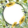 Olive branches, rosemary and sunflower, black olives and green olives. Frame, border, hand drawn watercolor. Design for Royalty Free Stock Photo