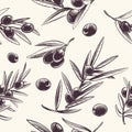 Olive branches seamless pattern. Mediterranean olives branching texture. Botanical italian food vector repeating