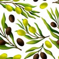 Olive branches seamless pattern. Olives and leaves, green and black fresh natural raw food. Italy spain or greek symbols
