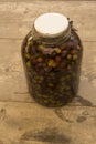 Olive in brin, Italian traditional recipe. Olives in glass.