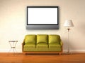 Olive couch, table and stand lamp with LCD tv