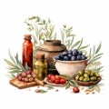 Olive Festival in Spain. Watercolor clipart. Pickled olives in a plate, bottles of olive oil