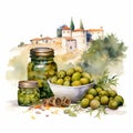 Olive Festival in Spain. Watercolor clipart. Pickled olives in a plate, bottles of olive oil