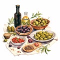 Olive Festival in Spain. Watercolor clipart. Pickled olives in a plate, bottles of olive oil