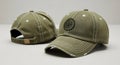 Olive Green Baseball Cap, Distressed Look, Front and Back View, Accessory Royalty Free Stock Photo