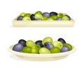 Olive Green and Black Pitted Fruit Rested on Plate Vector Set