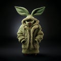 Olive green fur-lined hooded jacket with long bubby ears. AI-generated.