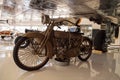 Olive green 1921 Harley Davidson motorcycle and sidecar