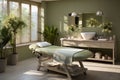 Olive green interior of beautiful, relaxing SPA area in a bright room with a massage table Royalty Free Stock Photo