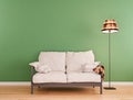 Olive green mock-up wall with small white sofa and floor lamp in modern interior background, Scandinavian style Royalty Free Stock Photo