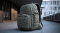 Olive Green Tactical Backpack Against an Urban Background Offering Versatility and Reliability Royalty Free Stock Photo