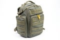 olive green tactical backpack with molle, on white