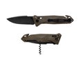 An olive green tactical folding knife, open and closed with an exposed corkscrew, on white back Royalty Free Stock Photo