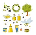 Olive isolated icon set with products and decorations from olives. Royalty Free Stock Photo