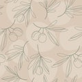 Olive leaves seamless pattern in continuous line art style