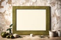 Olive mockup poster frame, vintage bricked wall background, texture ,gradient. AI Generated.