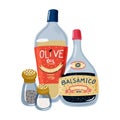 Olive oil, balsamic vinegar, salt and pepper set Royalty Free Stock Photo