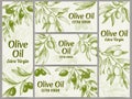 Olive oil banner. Organic oils labels, green olive branches and extra virgin vector label vector illustration set Royalty Free Stock Photo