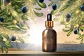 Olive oil beauty product, cosmetic pack vector illustration, realistic 3d promo design with glass package bottle for