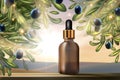 Olive oil beauty product, cosmetic pack vector illustration, realistic 3d promo design with glass package bottle for