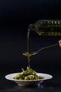 Olive oil being poured from a plastic bottle into a spoon and falling into a plate with olives Royalty Free Stock Photo
