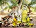 Olive oil and berries are on the wooden table under the olive tree Royalty Free Stock Photo