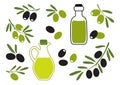 Olive oil with black and green olives, branch olives. Hand drawn. Vector Royalty Free Stock Photo