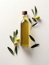 Olive oil bottle adorned with fresh olive tree leaves and plump olives, capturing the essence of healthy Mediterranean cooking.