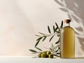 Olive oil bottle adorned with fresh olive tree leaves and plump olives, capturing the essence of healthy Mediterranean cooking.