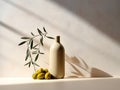 Olive oil bottle adorned with fresh olive tree leaves and plump olives, capturing the essence of healthy Mediterranean cooking.