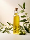 Olive oil bottle adorned with fresh olive tree leaves and plump olives, capturing the essence of healthy Mediterranean cooking.