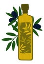 Olive oil bottle and black olives on a branch. Delicious and fresh organic Mediterranean olives. Olive tree branches on the