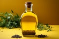 Olive oil bottle with a blend of spices set against a yellow background Royalty Free Stock Photo