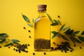 Olive oil bottle with a blend of spices set against a yellow background Royalty Free Stock Photo
