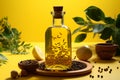 Olive oil bottle with a blend of spices set against a yellow background Royalty Free Stock Photo