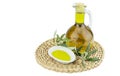 Olive oil Bottle and bowl plate with olive branch. Virgin olive oil. Natural olive oil, healthy food. Royalty Free Stock Photo