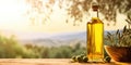 Olive Oil Bottle A Golden Olive Oil Bottle On A Wooden Table In An Olive Field In Morning Sunshine W